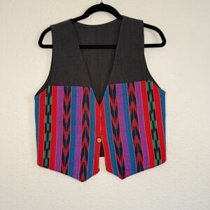 Medium‎ Single Button Vest Western Aztec Striped Colorful Festival Hippie Boho